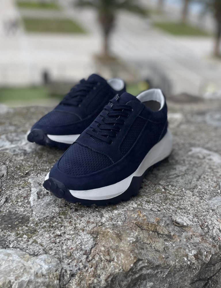 Ανδρικά μπλε δερμάτινα casual Sneakers με λευκή σόλα HG175545B φωτογραφία